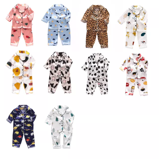 Baby Girls Boys Silky Cartoon Print Tops Pants Set Sleepwear Pajamas Clothing