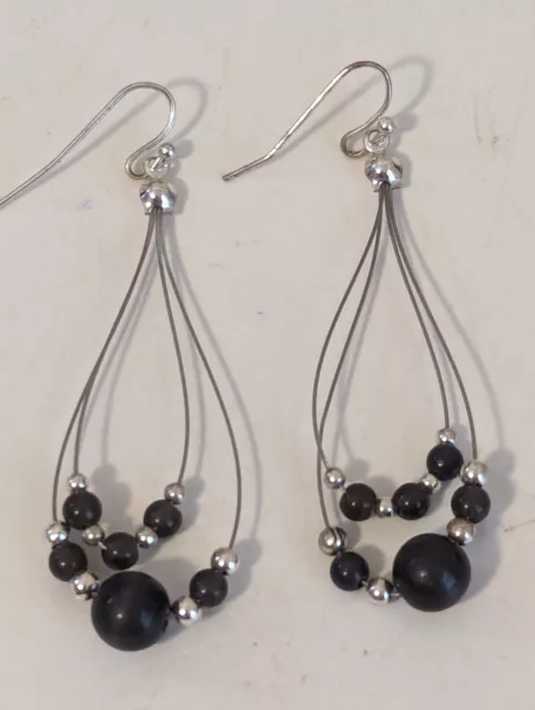 2" Silver Double Wire with Purple & Silver Beads Hanging Teardrop Earrings