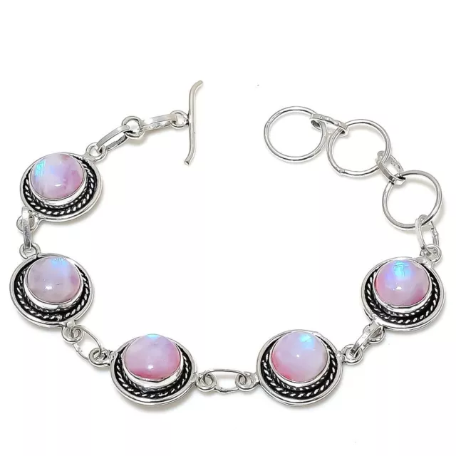 Pink Moonstone Handmade Gemstone 925 Sterling Silver Jewelry Bracelet 7-8" i547