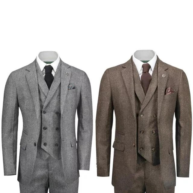 Mens Herringbone 3 Piece Suit Retro 1920s Grey Brown Tweed Classic Tailored Fit