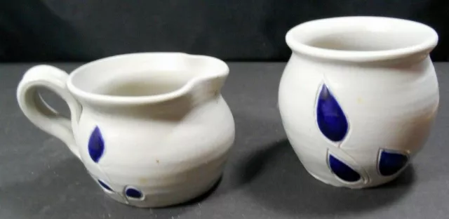 Williamsburg Va Salt Glaze Pottery Sugar Bowl and Creamer Set Cobalt Blue Design
