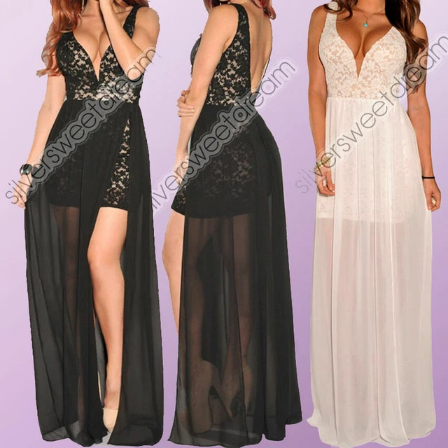 Vestito elegante chiffon pizzo spacco donna moda cerimonia ragazza scollato sexy