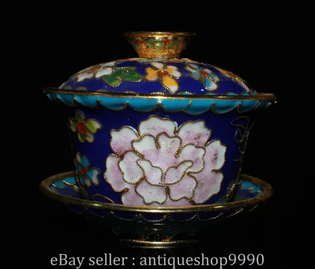 3.2" Marked Chinese Purple Bronze Cloisonne Blue Peony Flower Lid Bowl Bowls