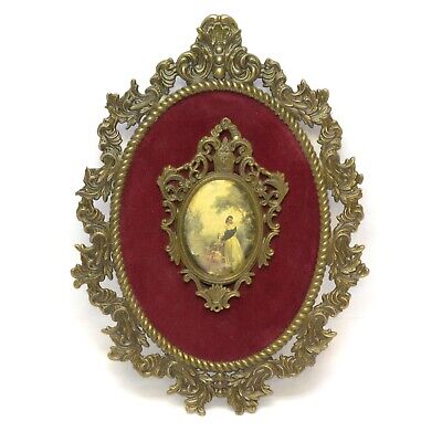 Victorian Ornate Brass Plated Floral Frame Red Velvet Fabric Medaillon Vintage