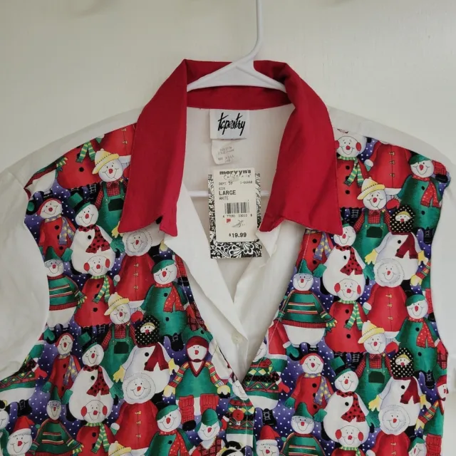Vintage 90s Christmas Happy Snowman Tapestry Vest Blouse Size L Mervyn's NWT