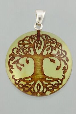 Carved Engraved TREE of LIFE Genuine BALTIC AMBER Silver Pendant 3.2g 211117-2