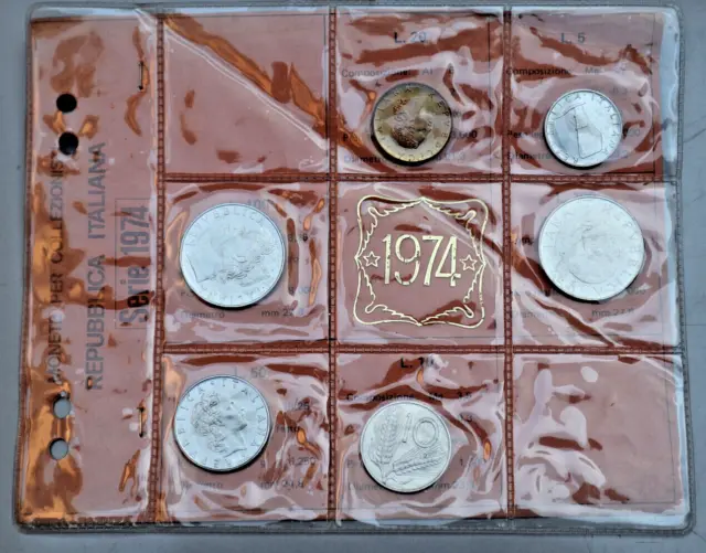 ITALIEN: OFFIZIELLER KMS KURSMÜNZENSATZ 1974: 6 Münzen, 5 - 100 Lire, unc, C23