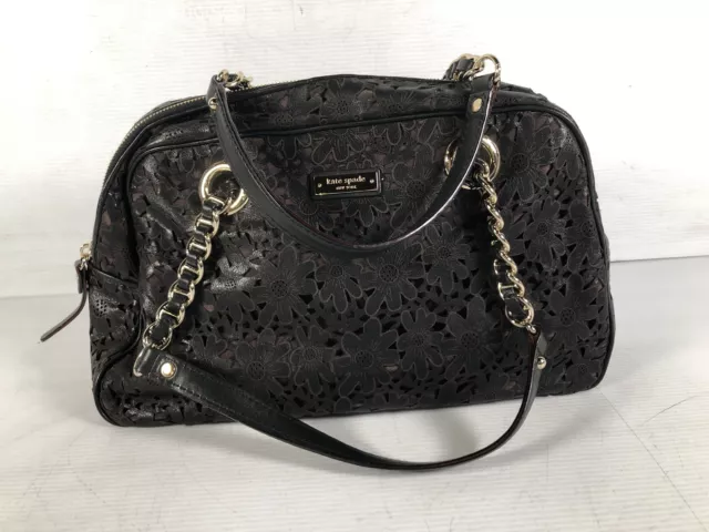 Kate Spade New York Womens Black Floral Leather Pockets Medium Shoulder Bag