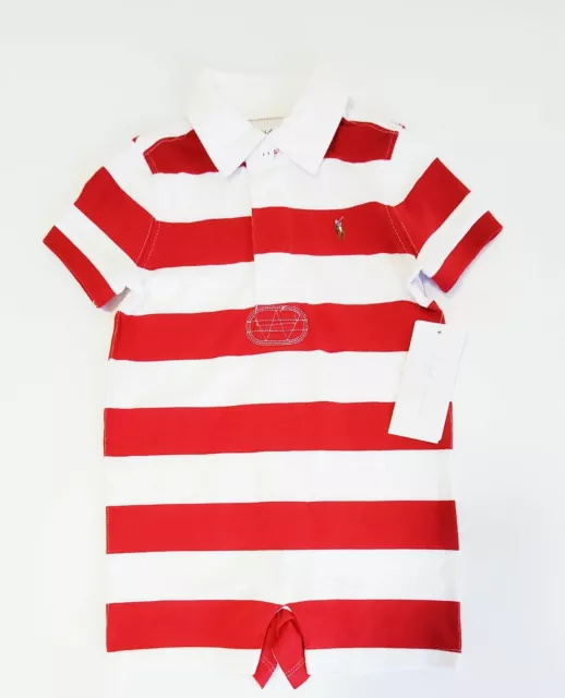 Ralph Lauren Baby Boys Striped Rugby Shortall Sunrise Red Multi Sz 18M - NWT