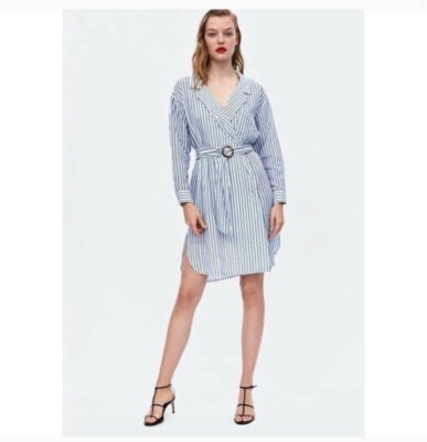 Zara Striped Belted Collard Wrap Dress Medium Button Up Blue White NWT MIDI