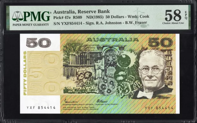 Australia 50 FIFTY Dollars 47e R509 1985 Johnston Fraser PMG58 aUNC EPQ Banknote