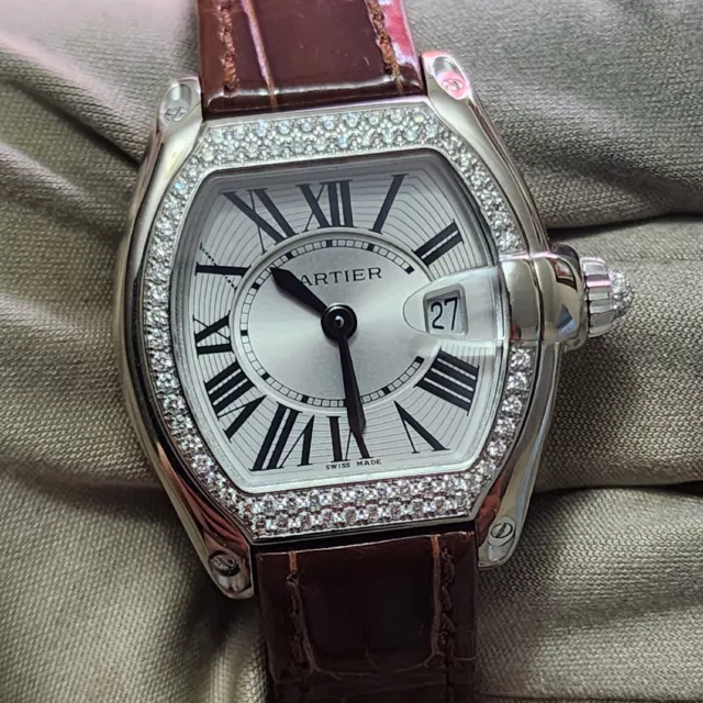 Cartier Roadster 2723 18k White Gold Factory diamonds bezel 32mm Quartz watch.