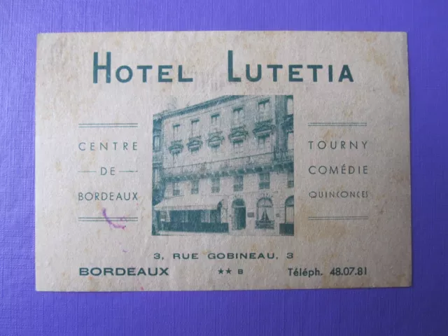 FRANCE BORDEAUX LUTETIA Hotel Decal Luggage Label Sticker Aufkleber ...