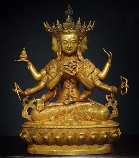 12'' Tibet bronze gilt 3 Head 8 Arms Namgyalma Ushnishavijaya tara Buddha Statue