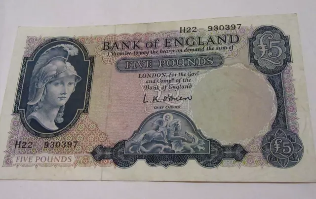 £5 Bank of England Cashier L K Obrien Serial No. H22 930397 Helmeted Britannia ^