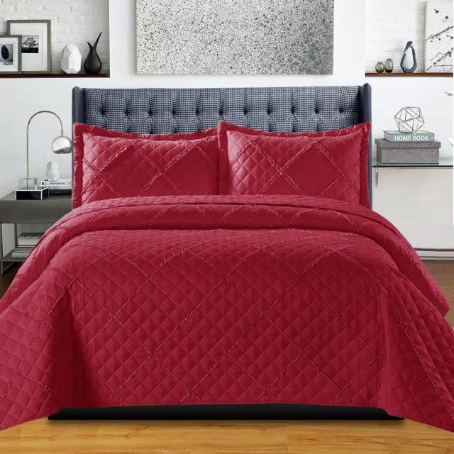 Luxury 3PC Quilted Embossed Bedspread Single Double King Bed Throw Bedding Set 2