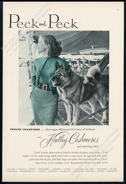 1952 Norwegian Elkhound champion dog photo Peck & Peck sweater vintage print ad