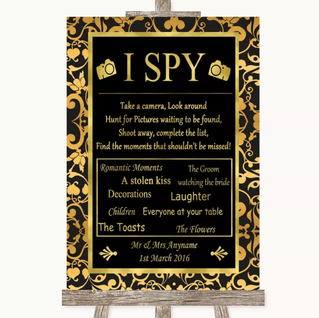 Black & Gold Damask I Spy Disposable Camera Personalised Wedding Sign