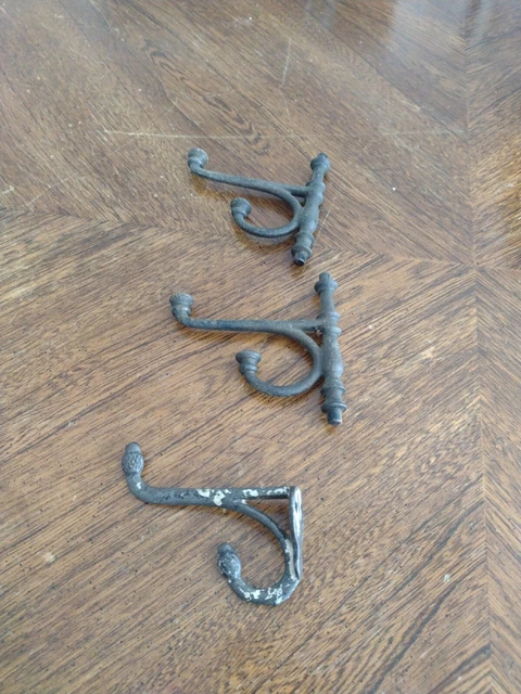 3 Ornate Coat Hat Hooks Paint Patina 1 Acorn Top Salvage Early 1800s
