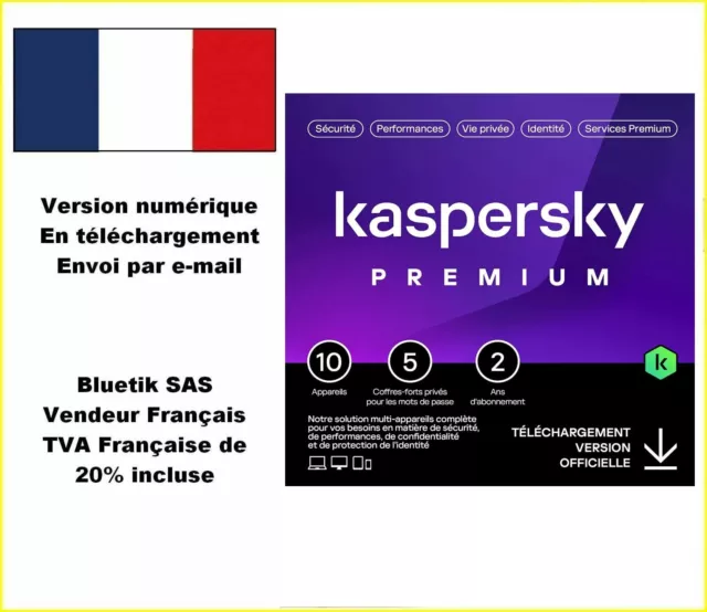 Kaspersky Premium 2024  10 App 2 Ans 5 coffres PC Mac And Ed Française -mail ESD