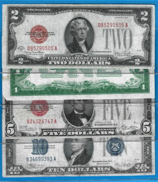 1928-1934,$2 USN,$1 SC FB,$5 USN,$10 SC,4) Notes,Blue/Red Seal,Circ VG/VF,Nice!
