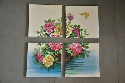 4 Pc Vintage Fine Colorful Flower Basket & Butterfly Ceramic Tiles Set, Japan 2