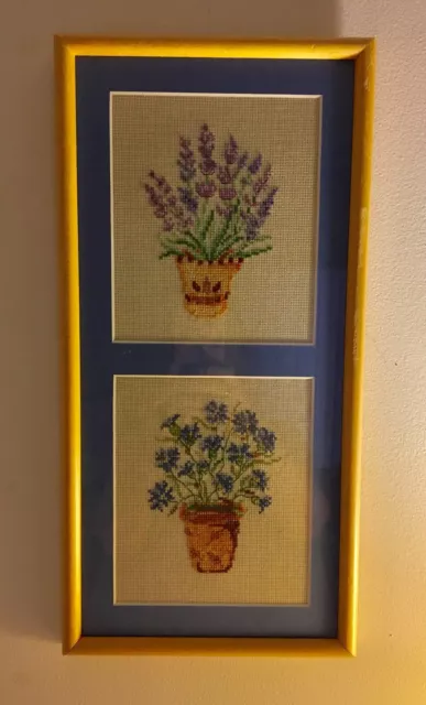 Finished Framed Cross Stitch Blue Matted Double Picture Potted Flowers