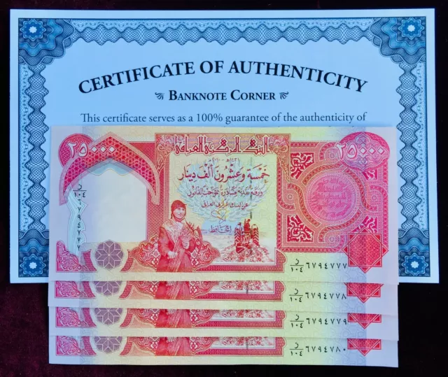 Authentic Iraqi 4X 25,000 Iqd Dinars 100000 Uv Pass Uncirculated Coa Certificate