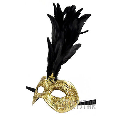Auth. Venetian Mask From Italy Masquerade Costume Women Gold Home Decor Feathers