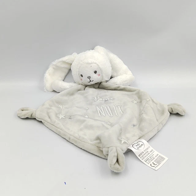 Doudou plat phosphorescent lapin ours gris blanc étoiles Douce nuit MOTS D'ENFAN