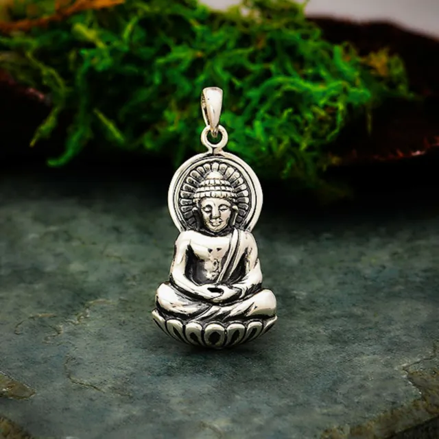 Buddha Pendant Necklace Buddhist Lotus 925 Sterling Silver Yoga Spiritual 869