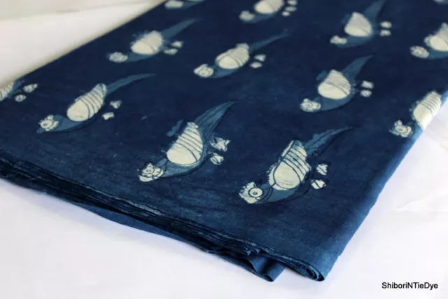 Bird Print Indigo Blue Cotton Fabric, Hand Dyed Fabric, 100% Indian Print Fabric