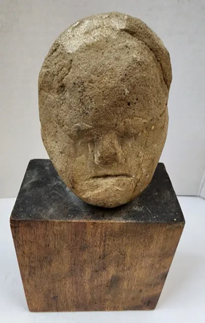 Vintage/Antique Hand Carved Sculpted Stone Head Sculpture on Wooden Base