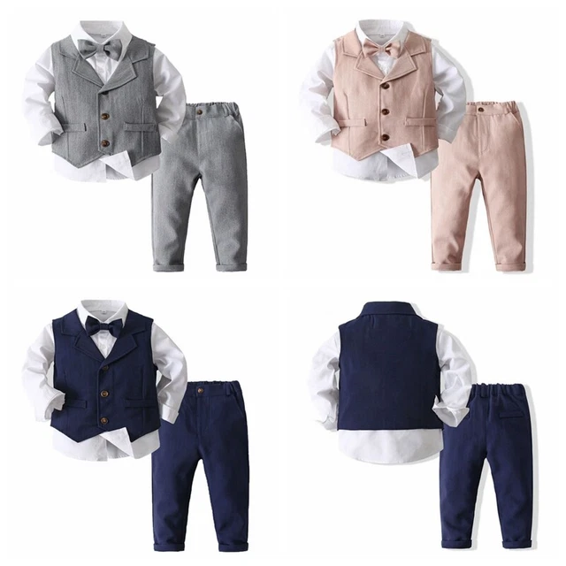 Toddler Baby Boys 4 Piece Gentleman Outfit White Shirt Bow Ties Vest Pants Set