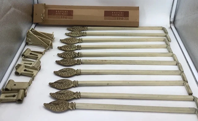 Kirsch Drapery Tiebacks 10 Curtain holdbacks Gold White Leaf w/9 brackets & Box