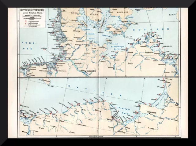 +Rettungsstationen an den deutschen Küsten+ historische Landkarte 1895 +DGzRS+