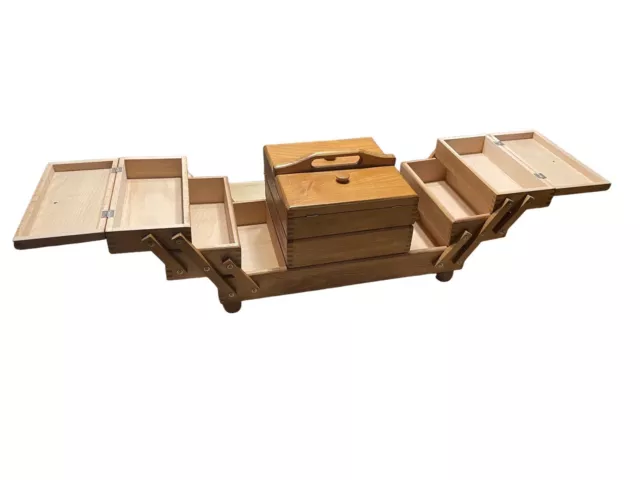 Wonderful Romanian Oak Wood Sewing Box Dovetail Expandable Accordion Style