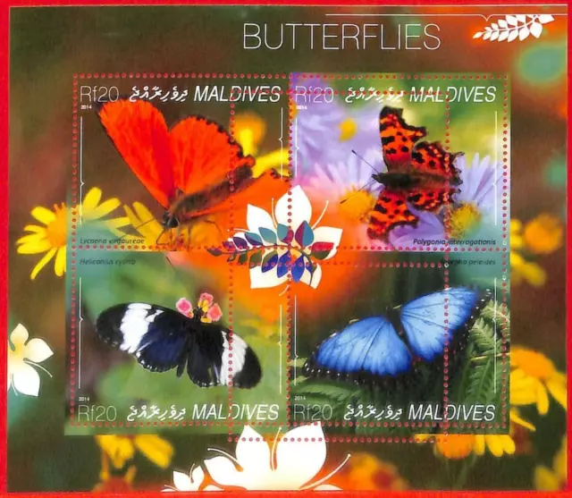 A4009 - MALDIVES - ERROR MISPERF, Miniature sheet: 2014, Butterflies, Flowers