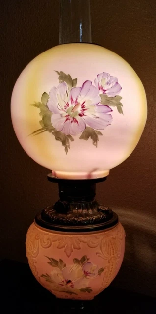 VTG GWTW Hurricane Lamp Hand Painted Floral Pink/Yellow/Purple Lg 24" Electric