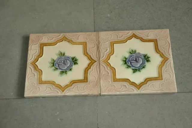 2 Pc Vintage Star & Flower Embossed Art Nouveau Architecture Tiles,Japan