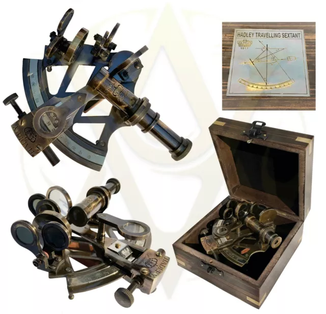 Antique Style Brass Nautical Marine Sextant w/ Wooden Box Vintage Gift Astrolabe