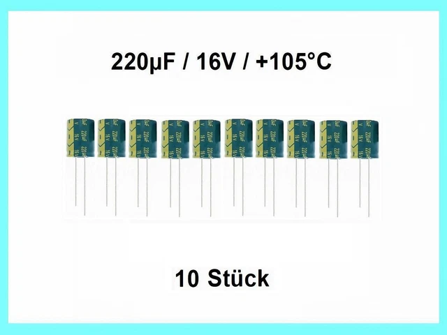 Elko - Kondens. Changxin 220µF (220uF) / 16V / +105°C / ca. 6 x 8mm / 10 Stück