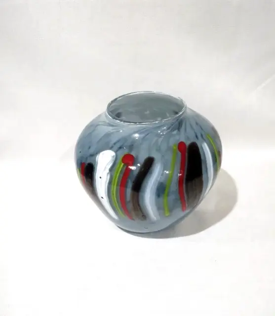 Hand Blown Blue Art Glass Vase Abstract Striped Multicolor Design