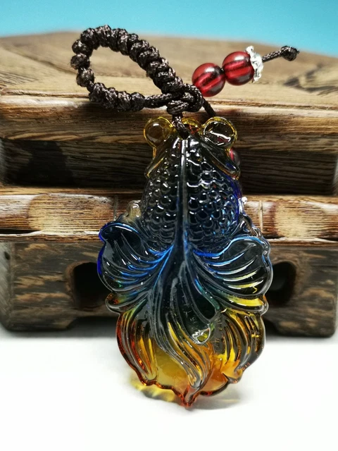 Exquisite Chinese colored glaze hand carved colorful goldfish pendant C70