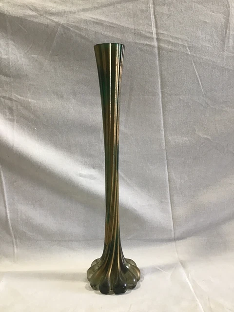 Tres Beau Vase Soliflore Ancien En Verre Vert Et Dorure