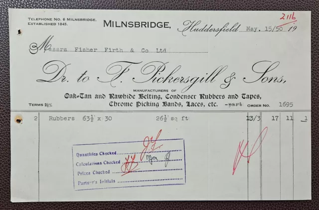 1950 F. Pickersgill & Sons, Belting & Tapes, Milnsbridge, Huddersfield Invoice