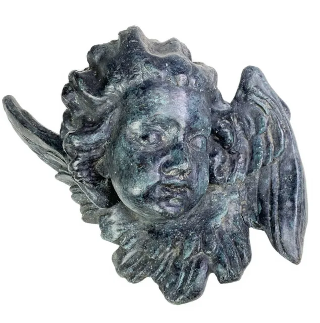 Cast Bronze Cherub Angel Head Wings Outdoor Plaque Figurine Victorian Hang Art
