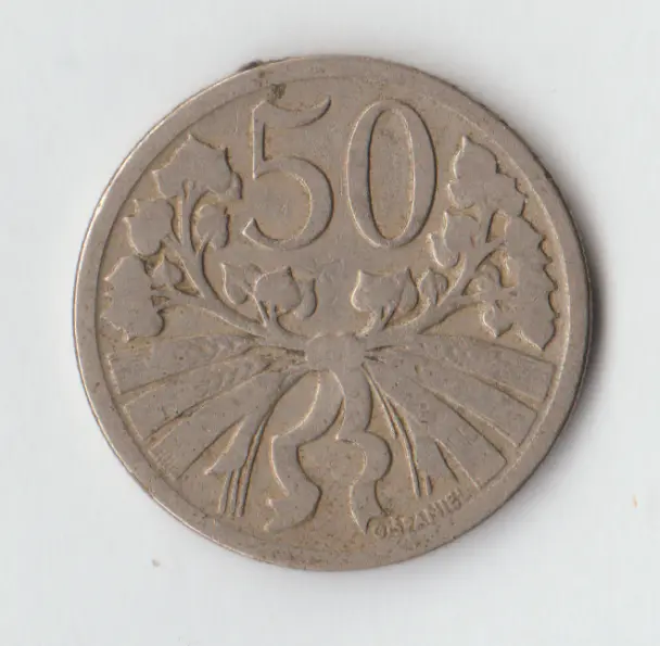 Czechoslovakia 1921 50 Haleru Coin  ,USED,  F