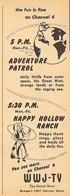1954 Wwj Detroit Tv Promo Ad ~ Happy Hollow Ranch Happy Hank ~ Adventure Patrol
