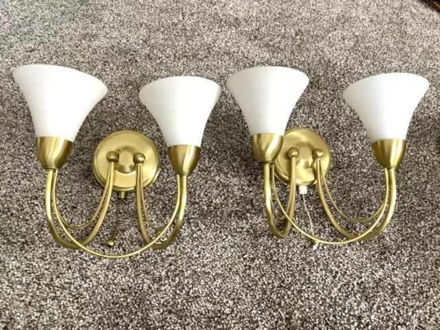Pair John Lewis Wall Lights Wall Light Fittings Pull Cord Brushed Brass Effect